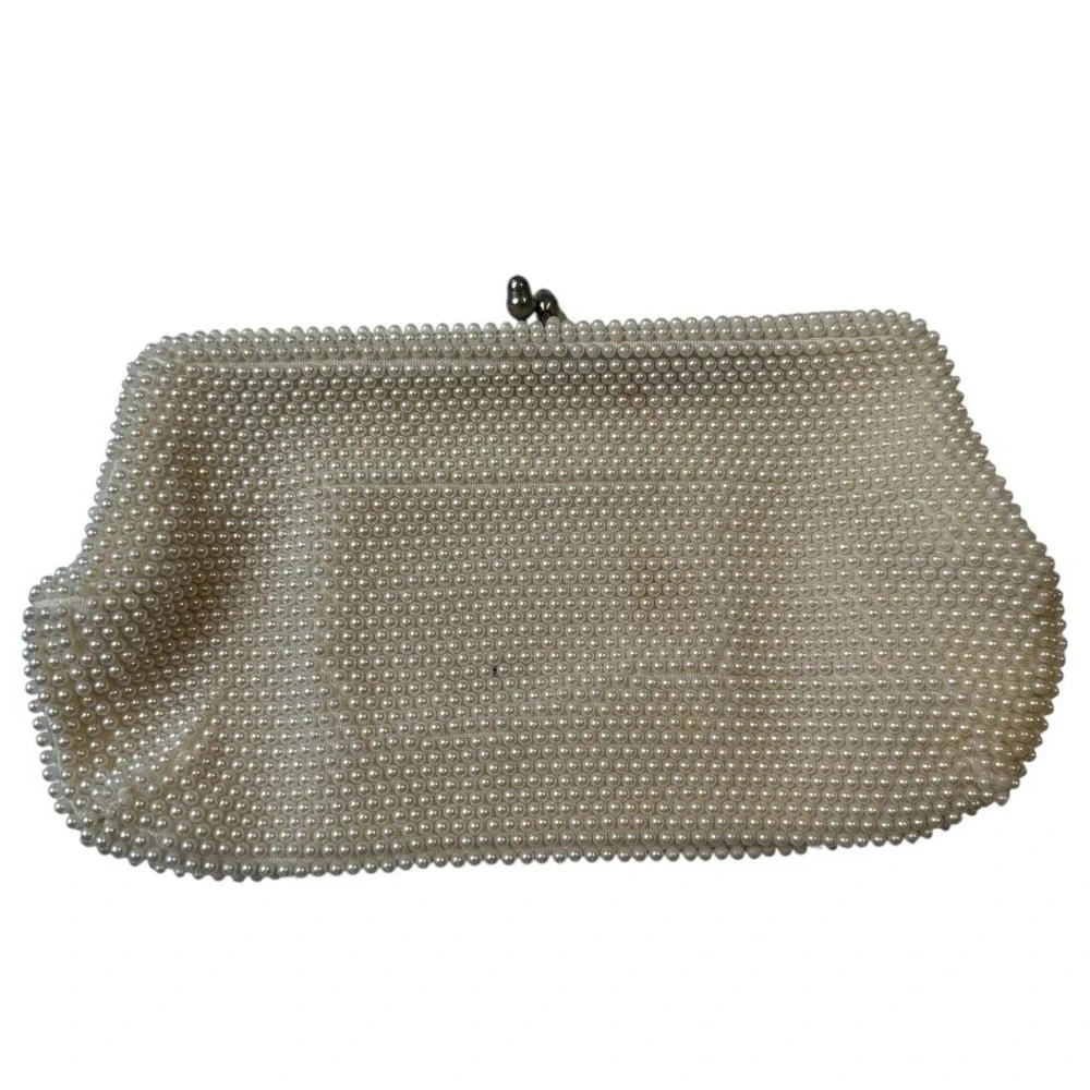 Vintage 1960 Bon Soir‎ Italian Pearl Cream Clutch Purse Beads Silk Wedding B72Q